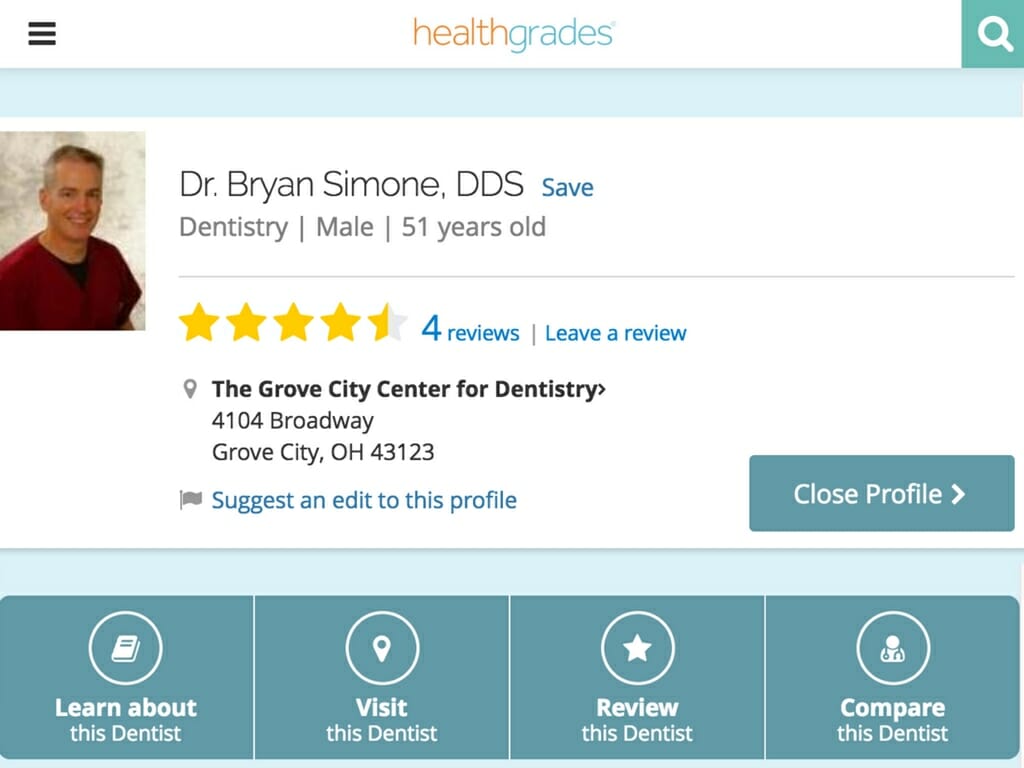 Screenshot of a dentist's Healthgrades profile