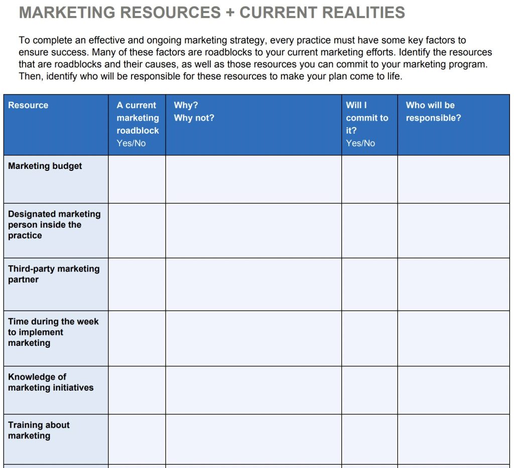 Marketing Resources + Current Realities Table
