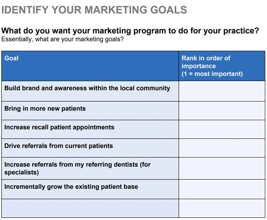 Identifying Your Marketing Goals Table