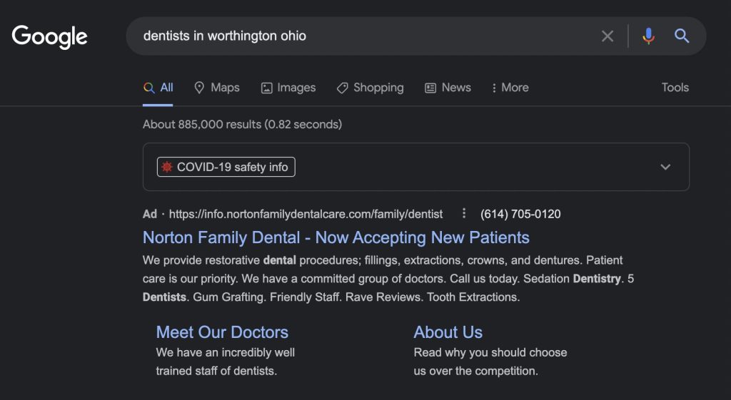 Google search for a dentist on the SERP