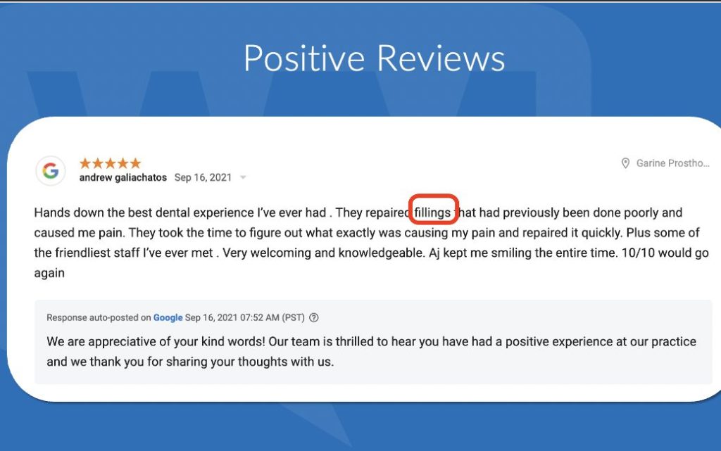 example of a positive dental review about fillings