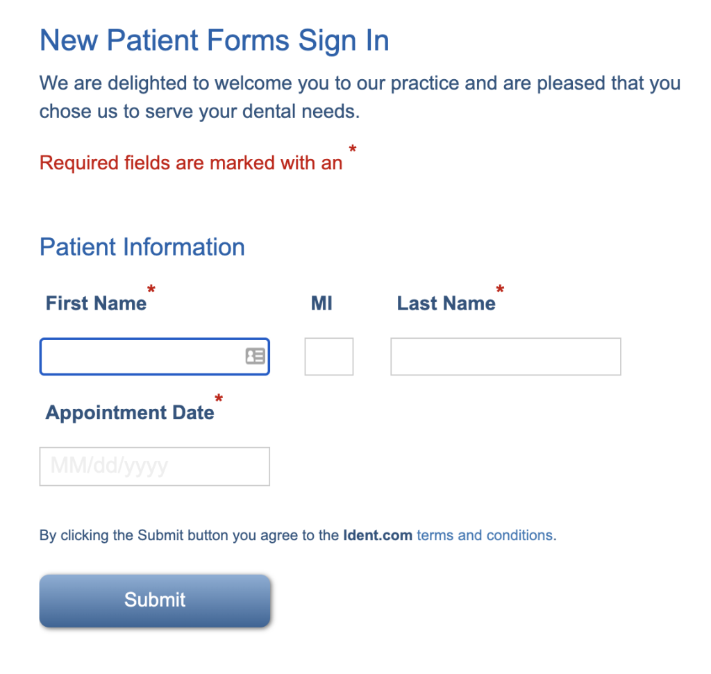 Example of new patient sign-in page
