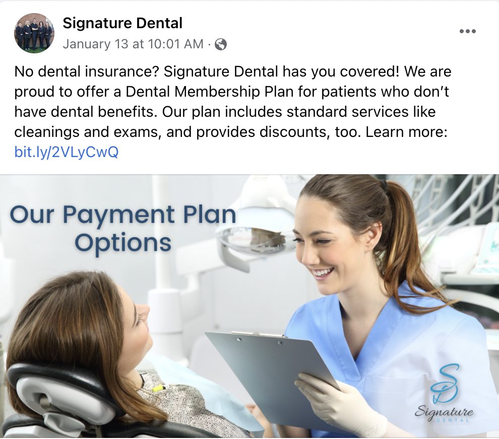 Social media post marketing payment plan options on dental website