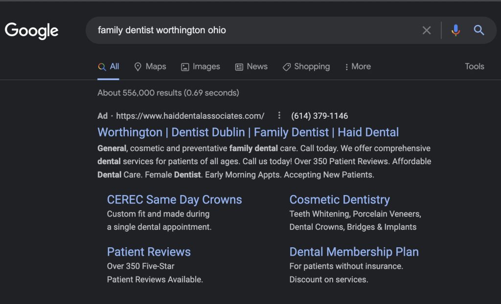 Family dentist search on Google search engine
